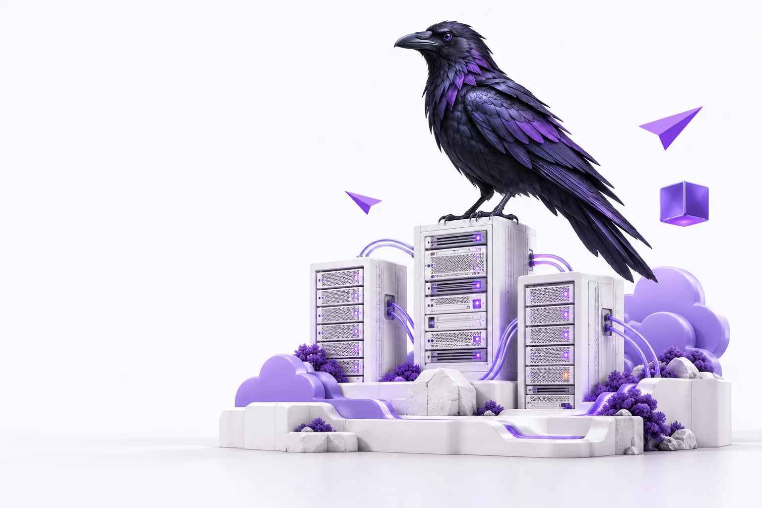 An original Crow illustration perched above white and violet cloud server towers